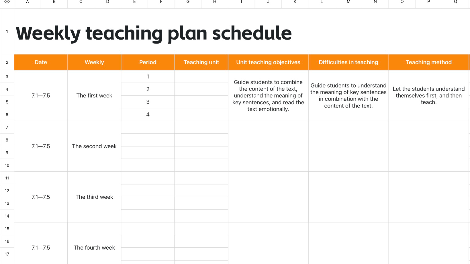 Weekly teaching plan schedule